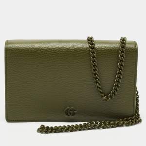Gucci Olive Green Leather GG Marmont Wallet On Chain