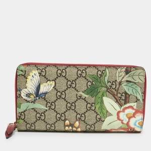 Gucci Red/Beige GG Supreme Canvas Tian Zip Around Wallet
