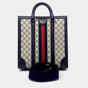 Gucci Beige Navy Blue Leather and PVC Ophidia Tote Bag Medium