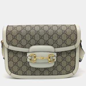Gucci Beige White Canvas and Leather 1955 Horsebit Shoulder Bag