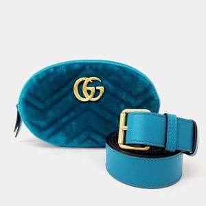 Gucci Blue Velvet GG Marmont Matelasse Belt Bag