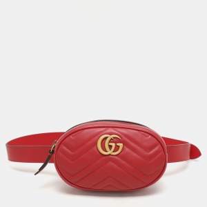 Gucci Red Matelassé Leather Mini GG Marmont Belt Bag