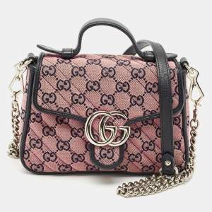 Gucci Pink/Navy Blue Diagonal Matelassé GG Canvas Mini GG Marmont Top Handle Bag