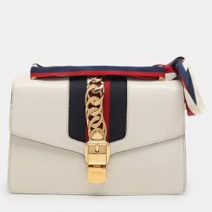 Gucci White Leather Small Web Chain Sylvie Flap Shoulder Bag