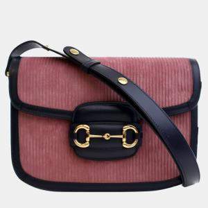 Gucci Navy Blue/Pink Small Corduroy Horsebit 1955 Shoulder Bag