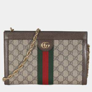 Gucci Beige GG Supreme Monogram Web Small Ophidia Chain Shoulder Bag