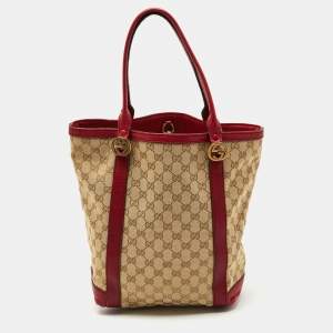 Gucci Red/Beige Canvas and Leather GG Twins Tote