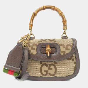 Gucci Bamboo 1947 Beige Canvas and Leather Handbag