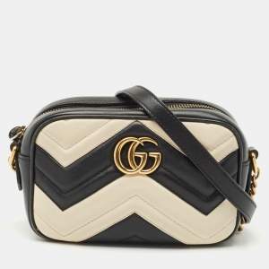 Gucci Black/White Matelassé Leather Mini GG Marmont Camera Crossbody Bag