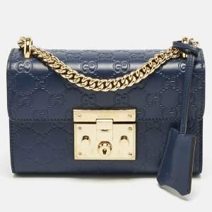 Gucci Navy Blue Guccissima Leather Small Padlock Shoulder Bag