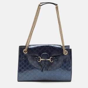 Gucci Blue Guccissima Patent Leather Large Emily Chain Shoulder Bag