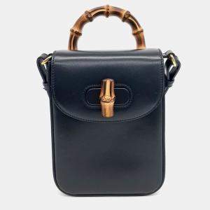 Gucci Black Leather Bamboo Mini Tote and Crossbody Bag