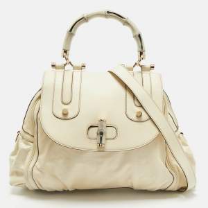 Gucci Cream Leather Pop Bamboo Top Handle Bag