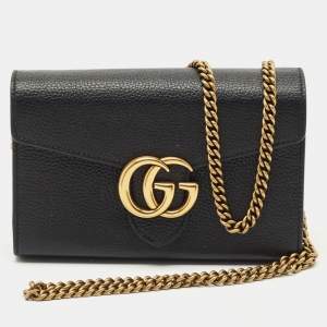 Gucci Black Leather GG Marmont Wallet on Chain