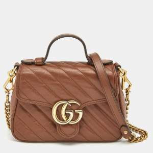 Gucci Brown Matelasse Leather Mini GG Marmont Top Handle Bag