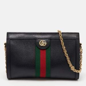 Gucci Black Leather GG Web Detail Ophidia Medium Chain Shoulder Bag