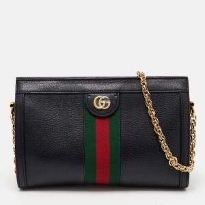 Gucci Black Leather GG Web Detail Ophidia Medium Chain Shoulder Bag