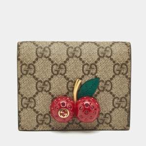 Gucci Beige/Red GG Supreme Coated Canvas Cherry Crystals Embellished Card Case