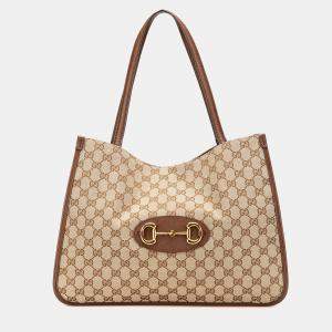 Gucci Beige/Brown Medium GG Canvas Horsebit 1955 Tote