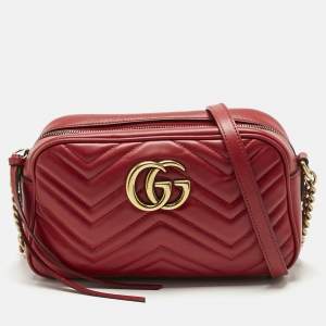 Gucci Red Matelassé Leather Small GG Marmont Camera Bag