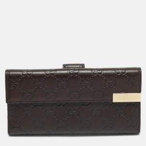 Gucci Dark Brown Guccissima Leather Metal Flap Continental Wallet