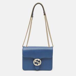Gucci Blue Leather Dollar Interlocking G Flap Crossbody Bag