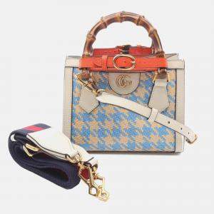 Gucci Blue Mini Raffia Houndstooth Bamboo Diana Satchel