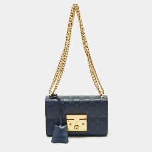 Gucci Navy Blue Guccissima Leather Small Padlock Shoulder Bag
