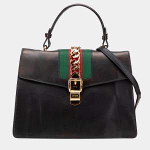 Gucci Black Medium Leather Sylvie Top Handle Bag