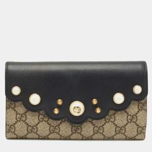 Gucci Black/Beige Leather and GG Supreme Canvas Peony Pearly Continental Wallet