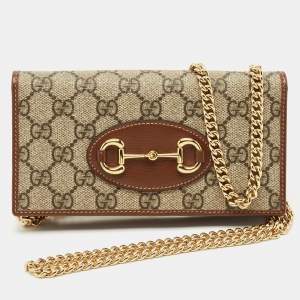 Gucci Beige/Brown GG Supreme Canvas Horsebit 1955 Wallet on Chain