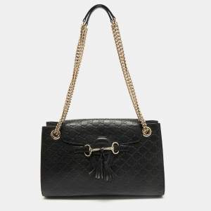 Gucci Black Guccissima Leather Large Emily Chain Shoulder Bag