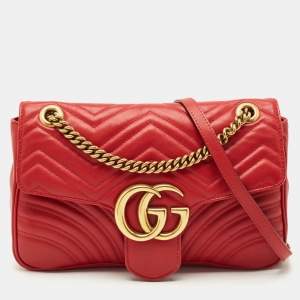 Gucci Red Matelasse Leather Medium GG Marmont Shoulder Bag
