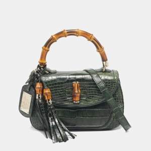 Gucci Green Alligator Medium Tassel New Bamboo Top Handle Bag