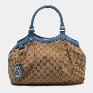 Pre Owned Gucci Blue/Beige GG Canvas and Leather Medium Sukey Tote