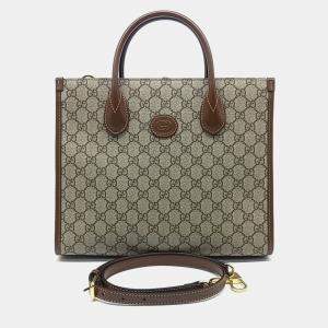 Gucci Beige Brown Leather and PVC GG Small Tote Bag