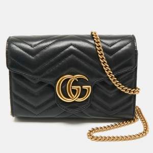 Gucci Black Matelassé Leather GG Marmont Wallet on Chain