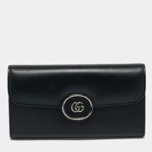 Gucci Black Leather Double G C Flap Continental Wallet