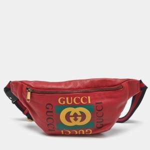 Pre Owned Gucci Red Leather Logo Web Belt Bag