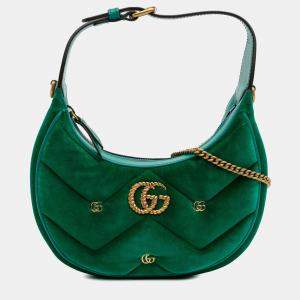 Pre Owned Gucci Green Mini GG Marmont Matelasse Velvet Torchon Half Moon Bag