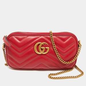 Gucci Red Matelassé Leather GG Marmont Zip Around Wallet On Chain