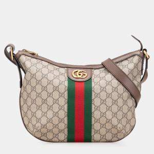 Pre Owned Gucci Beige/Brown Small GG Supreme Web Ophidia Half Moon Crossbody Bag