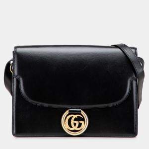Pre Owned Gucci Black Medium Textured Calfskin GG Torchon Ring Crossbody Bag