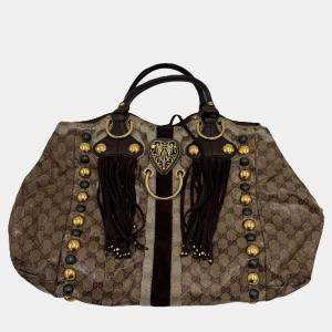 Pre Owned Gucci Babouska Heart Beige Ebony Crystal Canvas Tote Bag