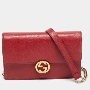 Pre Owned Gucci Red Leather Interlocking G Dollar Chain Wallet