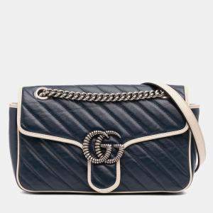 Gucci Navy Blue/White Small GG Marmont Matelasse Leather Torchon Flap Crossbody