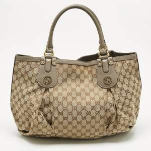 Pre Owned Gucci Grey/Beige GG Canvas and Leather Large Scarlett Stud Tote