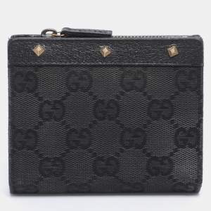 Pre Owned Gucci Black GG Canvas and Leather Compact Wallet
