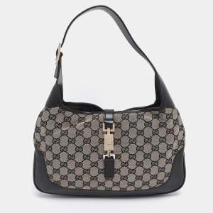 Pre Owned Gucci Black/Beige GG Canvas and Leather Jackie Hobo