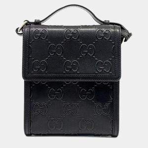 Gucci Black Leather GG Embossed Messenger Bag
